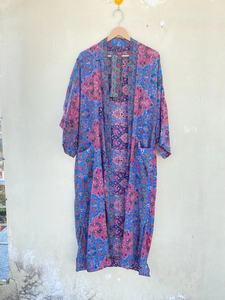 Bleu Soie À La Main Vintage Sari Kimono Robe Robe De Mariée Resort Wear Bikini Wrap Up Robe - Product Image 5