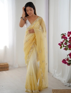 Sari de Rayón con Adornos KV, Estilo Bollywood (Amarillo) - Ropa de Fiesta de Secado Rápido y Sin Arrugas - Product Image 2