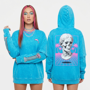 Sudadera con Capucha Azul Vaporwave de 350GSM para Mujer, con Estampado Personalizado de Calavera y Estatua Griega, Estilo Retro de los 90, Proveedor al por Mayor de Ropa Urbana - Product Image 1