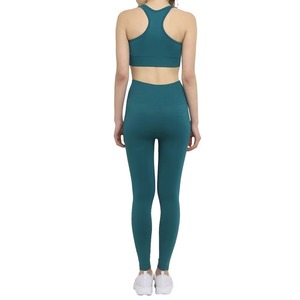 Women's 3-Piece Seamless Solid Pattern Gym Wear Set High Waist Leggings & Medium Support <b>Bra</b> Short Top Custom Logo Printing - Product Image 5