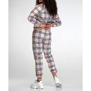 Ensemble de survêtement à carreaux pour femmes, manches longues, fermeture éclair sur le devant, pantalon de jogging décontracté avec poches latérales, vêtements d'automne - Product Image 3