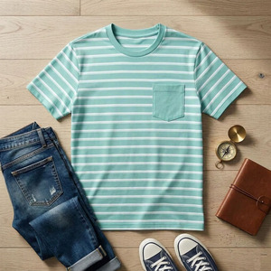 เสื้อยืดลายทางผู้ชาย พิมพ์โลโก้ได้ ผ้าฝ้าย 100% สีเขียวอมฟ้าและสีขาว ลายทางแนวนอน คอกลม สไตล์สตรีทแวร์ ลำลอง แขนสั้น - Product Image 2