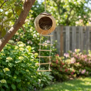 Nichoir pour oiseaux en coquille de noix de coco fait à la main, à suspendre au mur, rond, décoration de maison DIY, marque KOTTRAVAI, du Tamil Nadu - Product Image 6