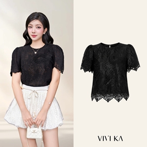 <b>Women's</b> Black Floral Lace Short Sleeve Blouse with <b>Mesh</b> Lining Scalloped Hem Elegant Lace <b>Top</b> Casual Style ASTORIE - Product Image 1