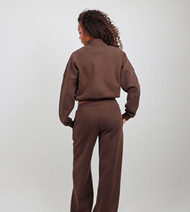 Sudadera corta marrón para mujer con media cremallera, cuello alto, manga larga, forro polar, estilo casual - Product Image 3