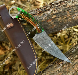 Couteau à lame fixe en acier Damas, pointe tombante, avec trou pour le pouce, pour bushcraft, chasse, camping, avec manche ergonomique en résine de pin - Product Image 4