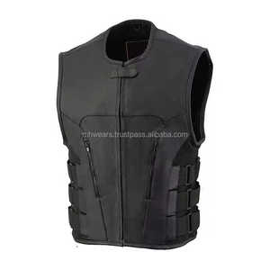 Gilet d'hiver gothique pour homme MH en cuir véritable noir imperméable avec broderie, surpiqûres rouges, fermeture éclair et col en V - Product Image 5