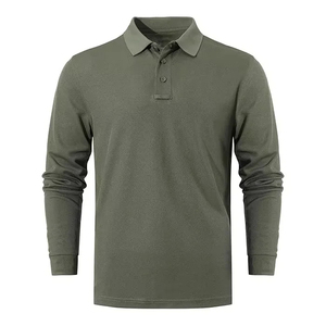 Men's Long Sleeve Solid Cotton Pique Polo Shirt Casual Anti-Wrinkle Regular Fit Knitted Design Button Front Green - Product Image 1
