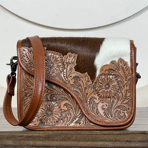 New Vintage Floral Cowhide Crossbody <b>Messenger</b> <b>Bags</b> Western Style Tooled <b>Leather</b> Evening Purse Rustic Cowgirl Everyday Handbags - Product Image 2