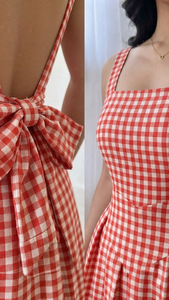 Gingham <b>Maxi</b> <b>Dress</b> Boat Neck Back Bow Vintage <b>Bohemian</b> Y2K Washable Casual ODM 100% Cotton Eco-Friendly Summer Vacation Picnic - Product Image 4