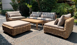 Juego de sofá para exteriores de jardín de madera maciza de teca y ratán de alta calidad, pulido Natural con cojín, para patio o parque - Product Image 1