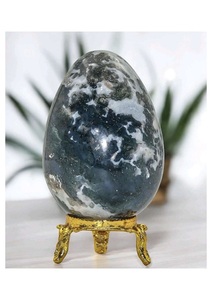 Figura de Ágata Musgosa Pulida en Forma de Huevo sobre Base Dorada, Adorno de Piedra Ovalada para Decoración del Hogar y Colección - Product Image 2