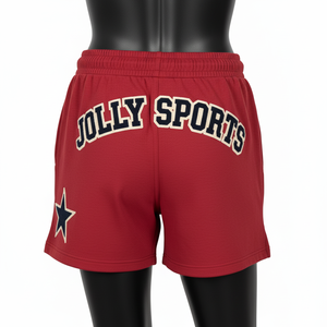 Shorts de bain pour femmes en coton polyester 300 GSM de haute qualité, design graphique rouge, broderie chenille, logo personnalisé - Product Image 3