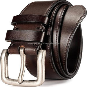Ceinture décontractée en cuir de grain de finition lisse marron de luxe pour hommes avec boucle en laiton vintage argenté antique et coutures solides - Product Image 2