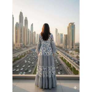 เดรสยาวพิมพ์ลายบล็อกสำหรับผู้หญิง ผ้าฝ้าย พิมพ์ลาย ทรงหลวม สไตล์โบโฮ ขายส่ง คอกลม ชุดลำลอง - Product Image 5