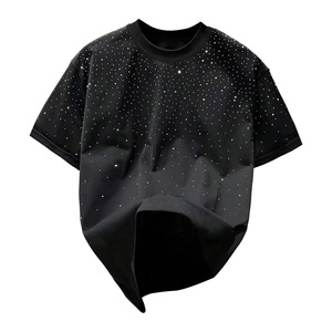 เสื้อยืดกราฟิกประดับคริสตัลคุณภาพสูง งานศิลปะตกแต่งด้วยหินสไตล์ฮิปฮอป ทรงไหล่ตก เนื้อผ้าหนานุ่ม ระบายอากาศได้ดี - Product Image 6