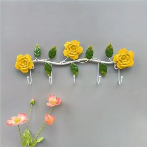 Decorative Yellow Rose Iron Wall <b>Hook</b> Metal Flower Coat Rack 5 <b>Hooks</b> Floral Wall Mounted Hanger for Living Room Home Decoration - Product Image 1