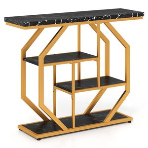 39.5\" Modern 4-Tier Storage <b>Console</b> <b>Table</b> with Black <b>Gold</b> Finish and Faux Marble Top for Living Room or Entryway - Product Image 3