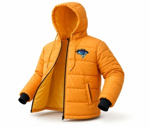 Orange Hooded Canvas Puffer <b>Jacket</b> with Front Logo Warm Quilted <b>Lightweight</b> <b>Waterproof</b> Eco-Friendly Fashion <b>Jacket</b> for <b>Men</b> Women - Product Image 1