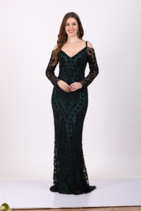 Elegant Black & Teal Off-Shoulder <b>Sequin</b> Maxi Gown Women's Black & Teal V-Neck Cold-Shoulder <b>Sequin</b> Evening Gown with Long - Product Image 1