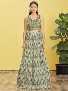 Green Floral Embroidered Chiffon Lehenga Set Sleeveless Crop <b>Top</b> Natural Waist A-Line Pleated Skirt Net Dupatta Banquet <b>Wedding</b> - Product Image 5