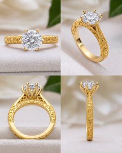Oval cut moissanite <b>diamond</b> engraved complet engraved <b>ring</b> 14K yellow gold vintage bridge design - Product Image 2