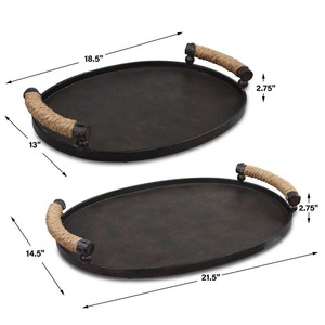 Juego de 2 bandejas decorativas ovaladas de metal con asas de cuerda, estilo industrial antiguo. - Product Image 1