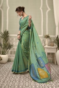 Women Green Cotton <b>Saree</b> With Floral Embroidery Traditional Indian Casual Wear Floor Length Regular Fit - Product Image 2