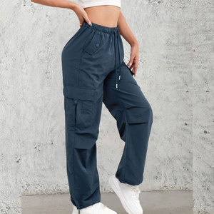Pantalon cargo bleu marine pour femme, taille élastique avec cordon de serrage, plusieurs poches, décontracté, respirant, pour l'automne, en polyester tissé - Product Image 5