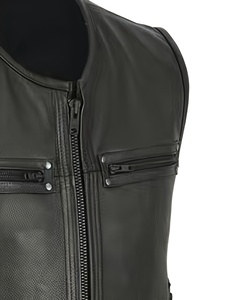 Chaleco sin mangas de cuero negro para hombre con bolsillos con cremallera, cordones laterales, estilo motociclista, patchwork, para todas las estaciones, marca Guruna - Product Image 2