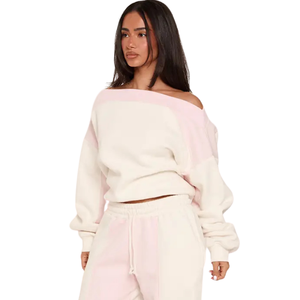 Ensemble de survêtement décontracté deux pièces pour femme, sweat-shirt à épaules dénudées et pantalon en molleton, coupe ample, taille élastique, jambe large, tenue de sport - Product Image 5