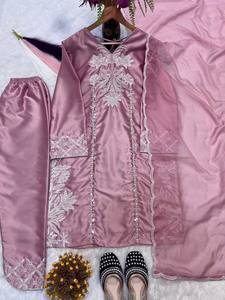 Women Traditional Indian <b>Salwar</b> Kameez Silk Embroidered Kurta With Pant Floor-Length Loose Fit Wedding Wear For Adults - Product Image 3