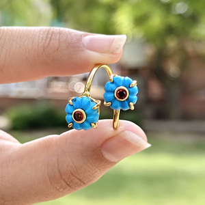Wholesale custom jewelry double blue turquoise hand carved flower shape <b>adjustable</b> <b>ring</b> 18k gold plated statement <b>ring</b> for women - Product Image 6