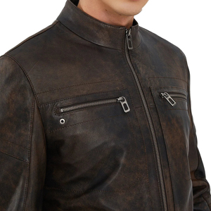 <b>Men's</b> Genuine <b>Leather</b> Moto <b>Jacket</b> Stand Collar Zipper Closure Washed Finish Regular Fit Autumn Style - Product Image 2