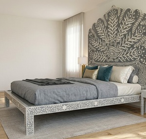 Decorative Wooden Bed Frame Bone Inlay Carved Headboard Platform Bed Custom Bedroom Furniture - Product Image 4
