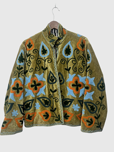 Hand Embroidered Floral Velvet Jacket Mandarin Collar Full Sleeve Women'<b>s</b> Plus Size Autumn Wear - Product Image 1