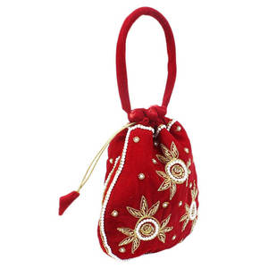 Bolsa Potli Pakistaní Roja Bordada, Bolsa de Terciopelo con Cordón, Adorno de Perlas, Porta Joyas para Mujer - Product Image 2