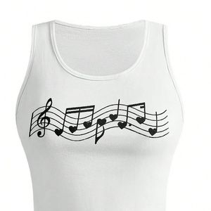 Camiseta sin mangas personalizada para mujer con estampado de notas musicales, top corto de algodón, chaleco informal de verano para fitness, venta al por mayor OEM - Product Image 4