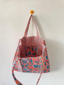 Sac fourre-tout matelassé bohème en coton rouge corail à imprimé floral, grande capacité, sac à bandoulière pour femme, idéal pour le shopping et les voyages - Product Image 2