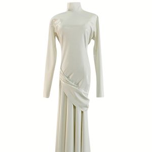 Elegant <b>White</b> PU <b>Long</b> Sleeve High Neck Asymmetric Floor-Length Sheath <b>Dress</b> Formal Wear - Product Image 1
