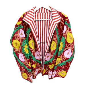 Handmade Women's <b>Corduroy</b> Suzani Embroidered Eco-Friendly Breathable Stripe Thick Cotton Lining Outdoor <b>Jacket</b> Quilted Floral - Product Image 1