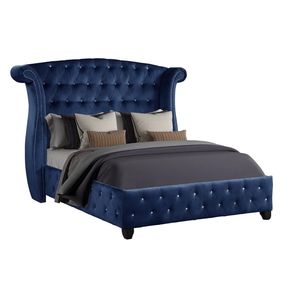 Letto matrimoniale moderno in velluto blu con trapuntatura a cristallo e struttura in legno, mobili imbottiti contemporanei - Product Image 1