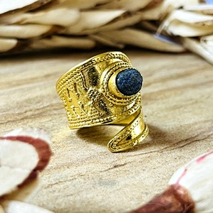 Market Favorite Boho <b>Lapis</b> <b>Lazuli</b> <b>Ring</b> Vintage Brass Band Women 18k Gold Plated Antique Tribal Bypass Shield Wholesale/OEM/ODM - Product Image 5