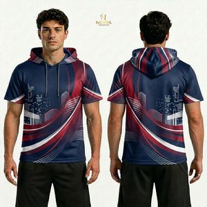 Camiseta Deportiva de Manga Corta con Capucha para Hombre, Diseño Urbano Azul Marino, Sublimada, de Poliéster, Transpirable y de Secado Rápido - Product Image 5