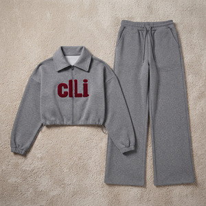 Wholesale Chenille Applique Stand Collar Zip <b>Cropped</b> <b>Top</b> Custom Hoodies Relaxed Fit Palazzo Sweatpants Two Piece Athleisure <b>Set</b> - Product Image 3