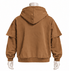 Camel Brown Double Layer Hoodie Oversized Short Sleeve Overlay Long Sleeve Pullover <b>Vintage</b> Casual Streetwear Hooded <b>Sweatshirt</b> - Product Image 2