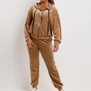 Ensemble de survêtement en velours pour femmes grandes tailles, pantalon long à capuche, poches latérales, couleur unie, vêtements décontractés d'automne - Product Image 4