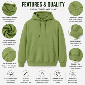 Sweat-shirt à capuche en molleton vert uni pour homme, coupe classique, décontracté, avec poche avant, 100% coton tricoté, vêtement d'automne - Product Image 6