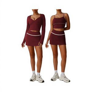 Women's 2 Piece Yoga <b>Set</b> High Waist Skirt Crop Solid Color Spandex Polyester Breathable <b>Square</b> Neck Full Sleeve - Product Image 1