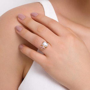 Women's 10K Gold Cocktail <b>Ring</b> With Princess Cut Diamond And Rose Quartz Prong Setting Glam Engagement <b>Ring</b> - Product Image 4